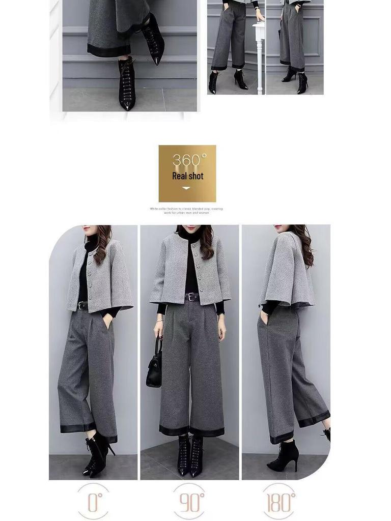 2025 Women's Plus Size Woolen Two-Piece Suit: Short Coat & Wide Leg Pants for Autumn/Winter Fashion.