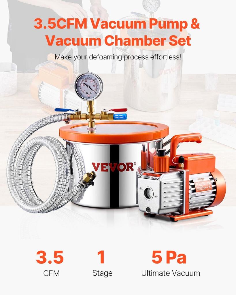 1.5 Gallon Vacuum Chamber 3.5CFM Single Stage Pump Degassing Chamber Kit