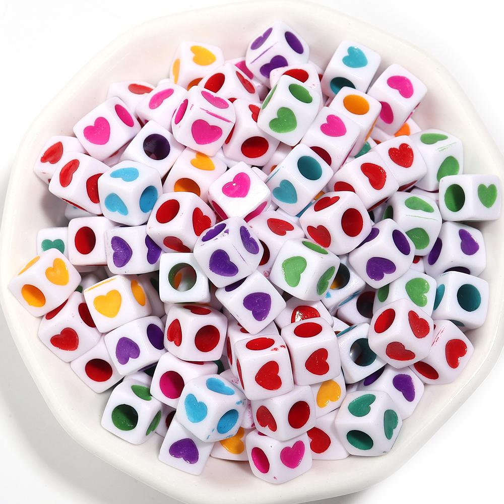 100Pcs 6mm Acrylic Drop Oil Beads Colorful Heart Pattern Square Loose Beads For DIY Bracelets Phone Chains Jewelry Supplies