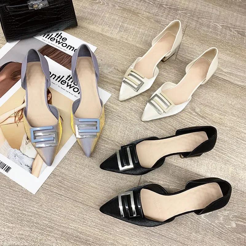 Fashion Women's Spring and Summer New Pointy High Heels Metal Buckle Wine Red Light Mouth Thick Wedding Shoes