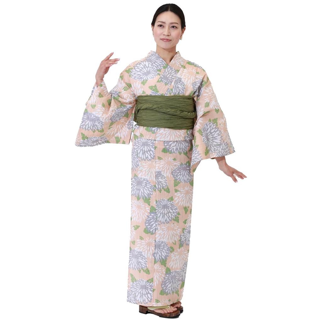 Kyoto Kimono Yuzen Yukata from Made In Cotton Small Chrysanthemum Women's (Single Item) Nihonbashi/Haibara, Japan, High-Quality Kimono, (Coral Green)