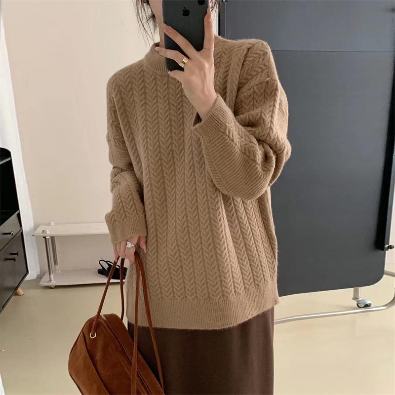 Soft Waxy Round Neck Twist Pullover Women's Top Autumn and Winter New Retro Lazy Premium Knitted Sweater Women's Clothing
