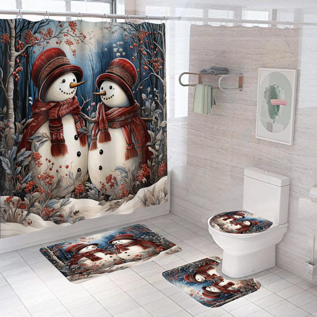4pcs Merry Christmas Shower Curtain Polyester Shower Curtain Pedestal Rug Set Bathroom Decor Waterproof Curtain