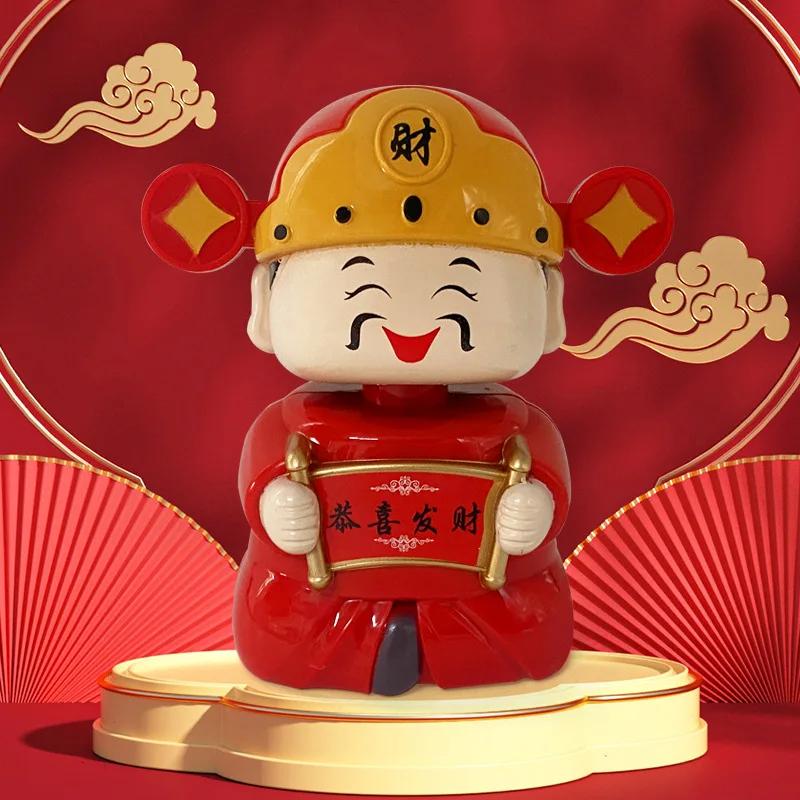 New Solar Powered God of Wealth Car Ornaments Chinese Style Nodding Lucky Wealth Statue Fits Home Store Car Decor Supplies Gift