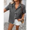Damen Braunes Karomuster Button-Down-Hemd Kurzarm Lässig Cropped Bluse mit Brusttasche
