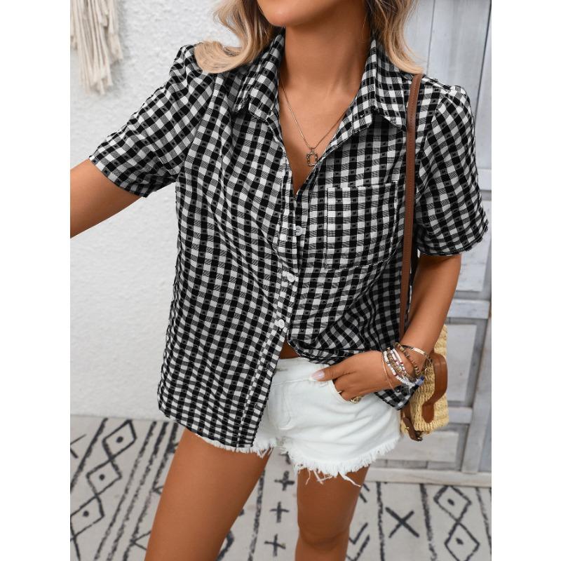 Damen Braunes Karomuster Button-Down-Hemd Kurzarm Lässig Cropped Bluse mit Brusttasche