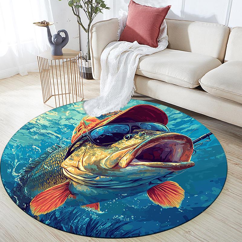 Bass Fish Round Area Rug,Carpet Rug for Living Room Bedroom Sofa Playroom Decor,Non-slip Floor Mat