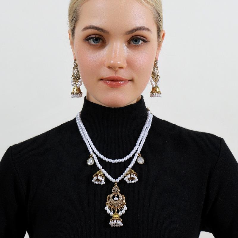 Double-layer Pearl Tassel Bell EarringsNecklace Set Courtly Style Jewelry