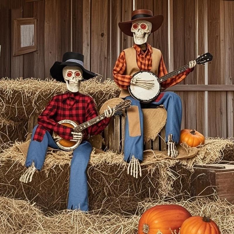 Dueling Banjo Playing Skeletons Halloween Decoration Set Illuminating Plastic Musicians For Home Yard Themed Parties