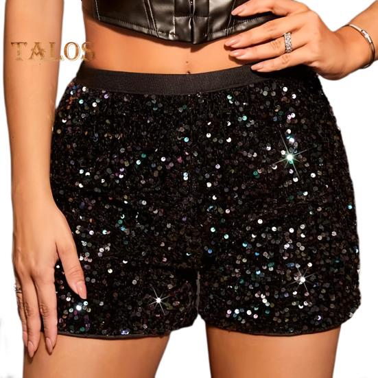 

Женские клубные шорты со сверкающими пайетками, высокой эластичной резинкой на талии, плиссированные, мягкие, облегающие, длиной выше колена, сценическое шоу, танцевальные фестивали, вечерние мини-шорты XL чёрный