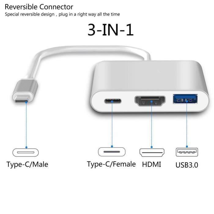 Adaptateur USB-C 3-en-1 vers HDMI 4K 30Hz + USB 3.0 (USB-A) - Multiport Plug & Play