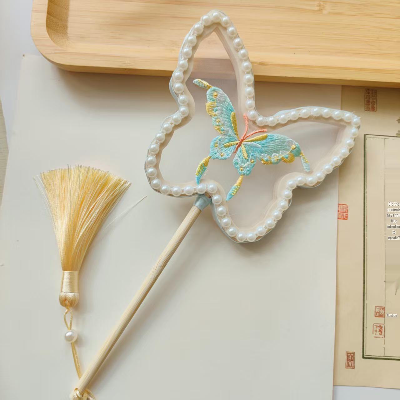 Children s 12cm Round Fan with Embroidered Butterfly and Rabbit Design
