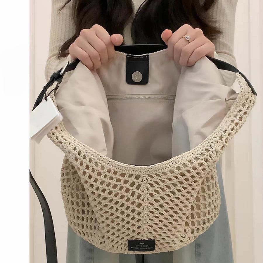 Tote Bag with Large Capacity, Korean-style, Small-sized, Hollow Design, Single Shoulder Strap, Crossbody Bag Casually