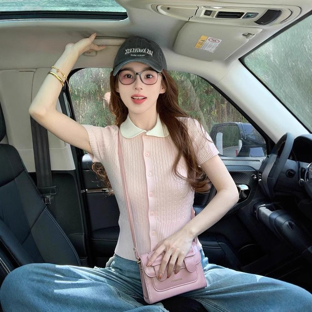 Women's Pink Slimming Petite Polo Knitted Short Sleeve Top - Summer 2025 Collection