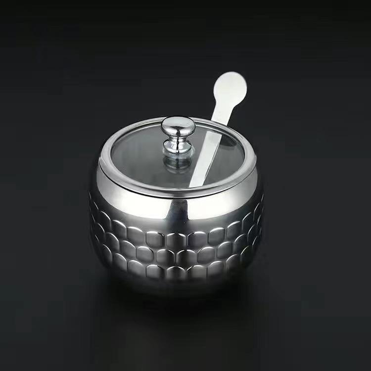 1PC Stainless Steel Sugar Bowl Coffee Seasoning Jar Condiment Pot Spice Container Canister Cruet with Glass Lid and Spoon