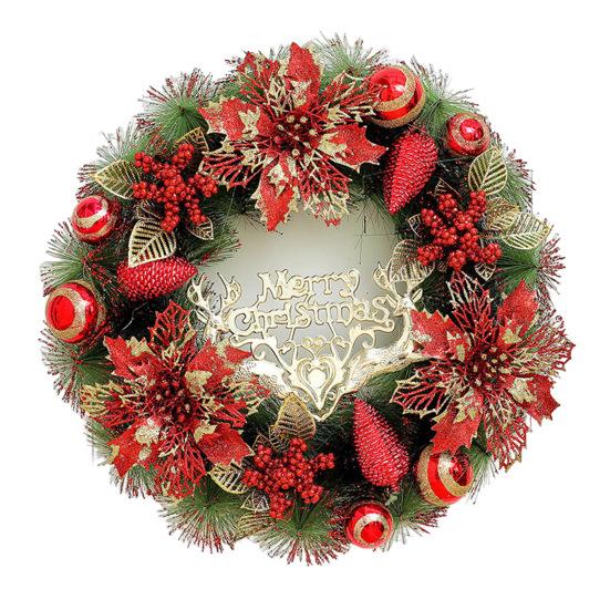 Christmas Wreath for Front Door Artificial Pine Needle Wreath with Balls Bows Flowers Merry Christmas Hanging Decor for Home Wall Window Porch Indoor