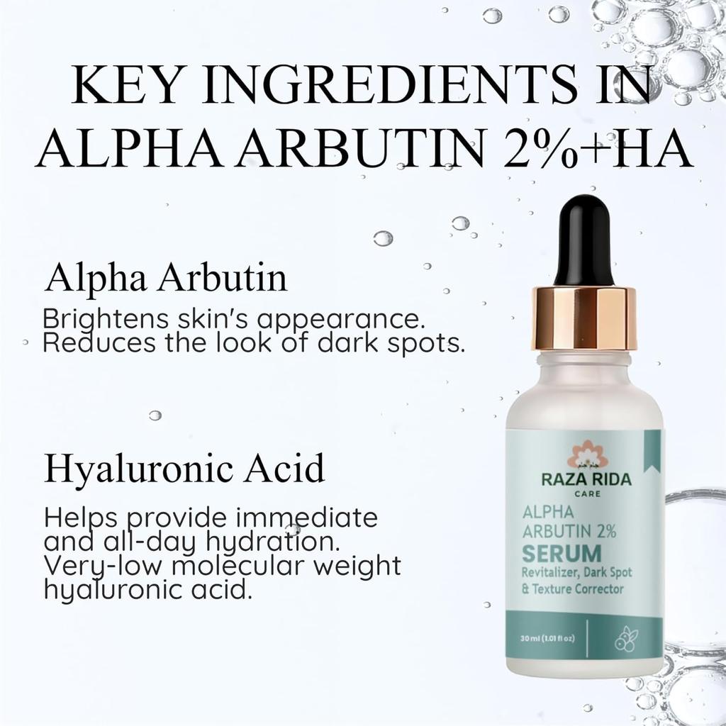 Raza Rida Care Alpha Arbutin 2% Serum, Revitalizer, Dark Spot & Texture Corrector, 30ml