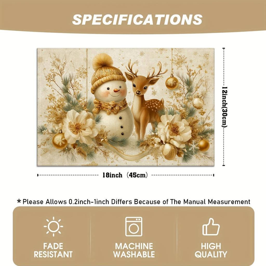 Set of 4/6 Christmas Snowman Placemats Featuring Deer, Golden Flowers, Pine Branches, Golden Snowflakes, And Small Christmas Decorations. Perfect for
