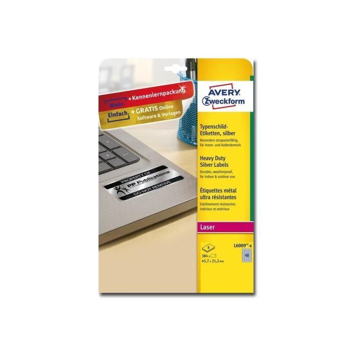 Avery Zweckform Polyester Mat Adhésif Permanent Argenté(e) 45.7 X 21.2 Mm 384 Étiquette(s) (8 Feuille(s) X 48) Étiquette