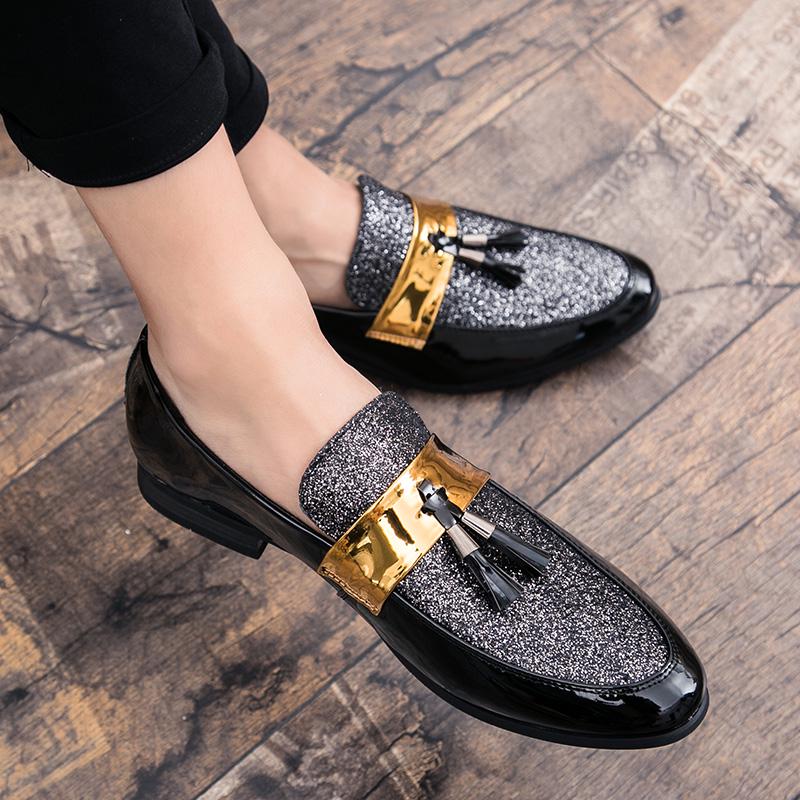 Italian Tassel Loafers Shoes Men Casual Man Men's Dress Patent Leather for Mens Gold Moccasins Business Pointed Bussiness Luxury