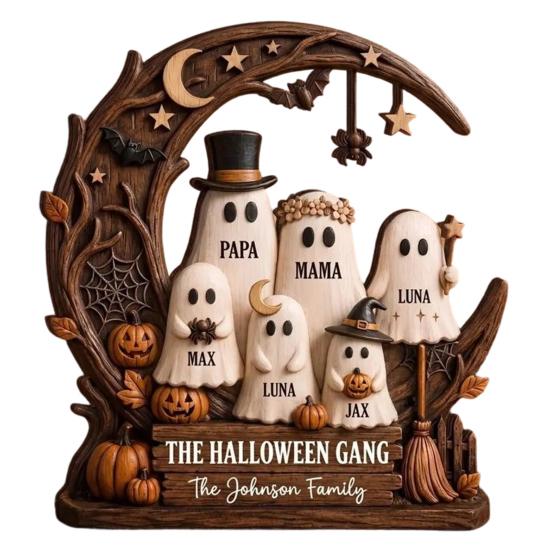 Living Room Wall Art Halloween Ghost Family Wooden Plaque, Pumpkin Couple Tabletop Sign, Indoor Hanging Signs Farmhouse Home Ornament for Tiered Tray