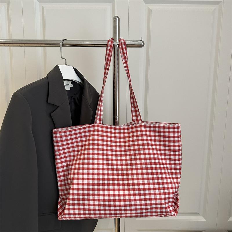 Canvas Bag Women's Summer New Casual Versatile Student Class Plaid Shoulder Bag Vacation Tote Bag