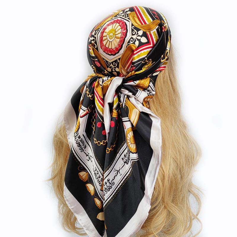 Halstuch Schal Wickeltücher Druck Seidensatin Schal quadratisch Damen Muslimischer Hijab Elegant Stirnband Bandana Design Marke Foulard