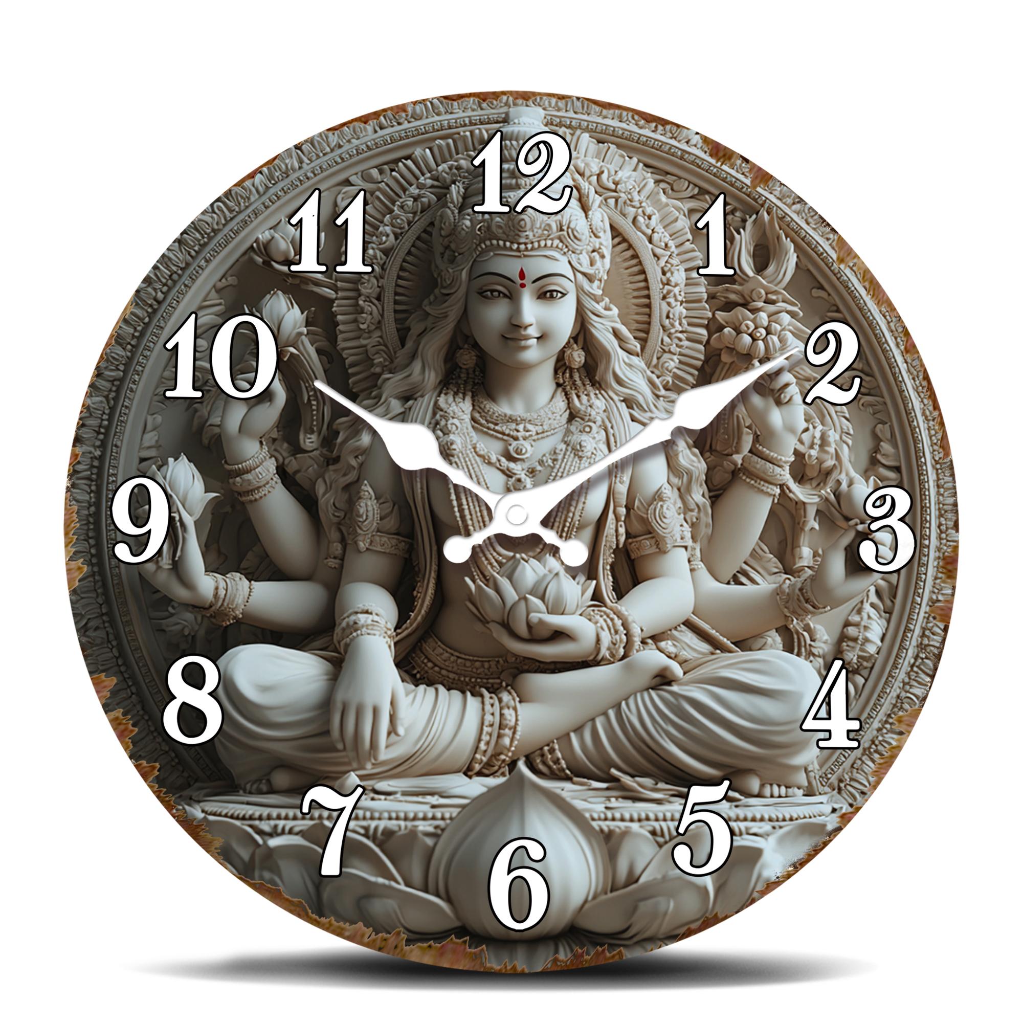

Hindu Deity Carved Wall Clock, Religious Art Decor, Silent Zen Clock, Round Home Design 10 inch