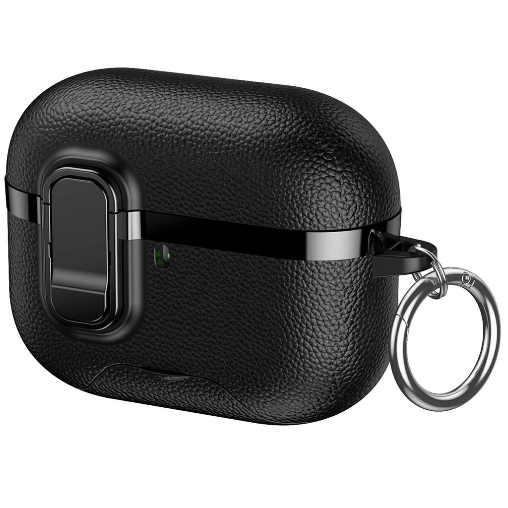 For AirPods Pro 3 Case Foldable Stand Electroplated Litchi Texture TPU PC Earbuds Cover with Switch / Carabiner