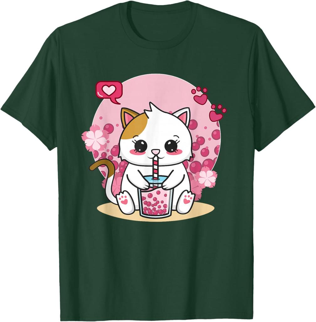 Kawaii Cat Boba Tea Drink Lover Graphic Tee Cute Anime Neko Kitten T-Shirt Unisex Casual Trip