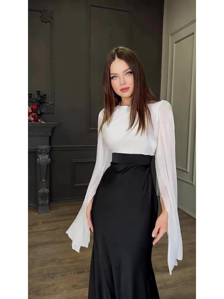 Europeisk og amerikansk 2024 høst organza sateng slim kjole med store svingermer