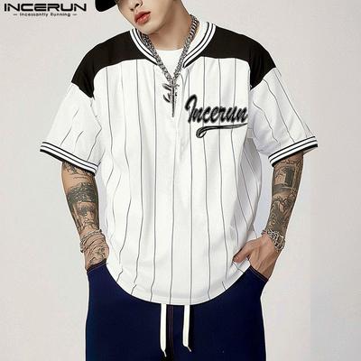 Men Summer T-shirts Stitching Striped Print Short Sleeve Tops