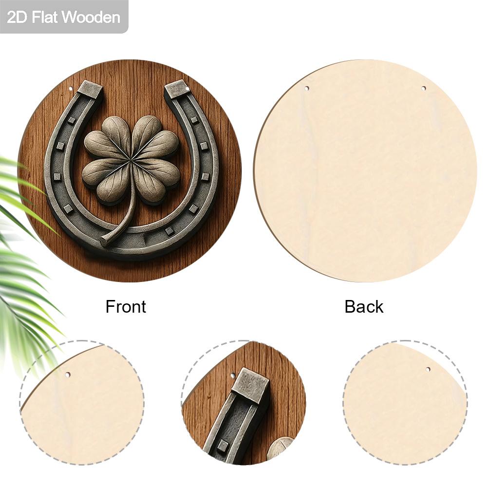 2D Flat 1pc Vintage St. Patrick's Day Four-Leaf Clover Horseshoe Wooden Sign Round Ornament, Home Office Bedroom Living Room Garage Garden Balcony