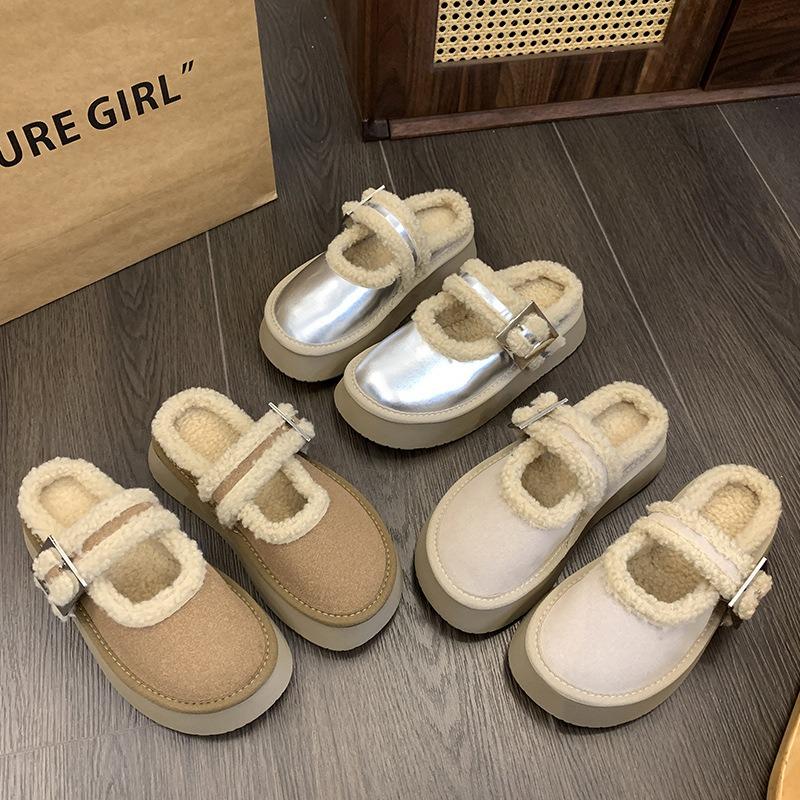 Fashion Thick Sole Warm Anti-skid Baotou Hairy Slippers Woman 2025 Winter Retro Belt Buckle Half Slippers Fashion Versatile Women Shoes