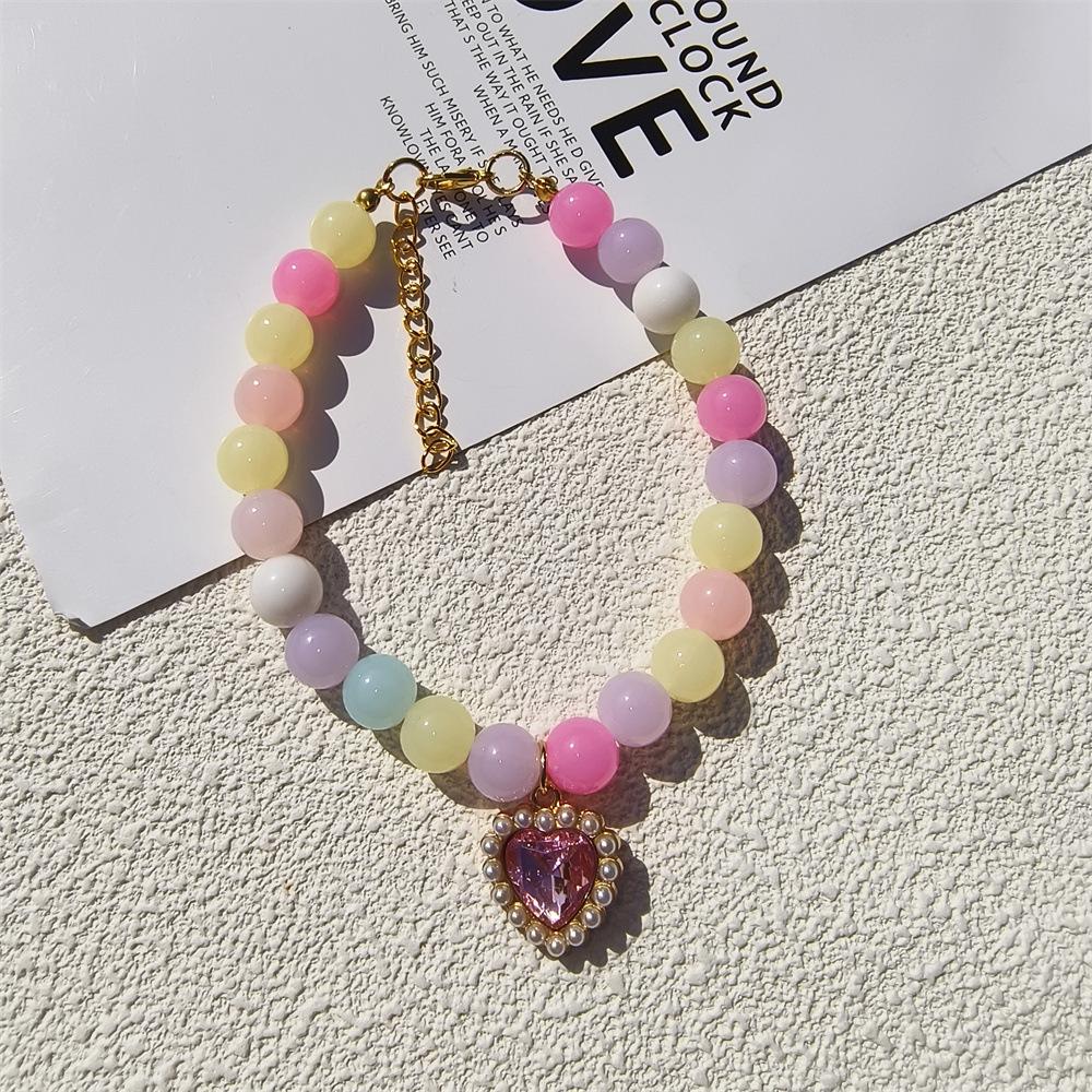 Personalized cat and dog pet handmade necklace collar beaded rhinestone heart cute pearl pendant accessories princess style