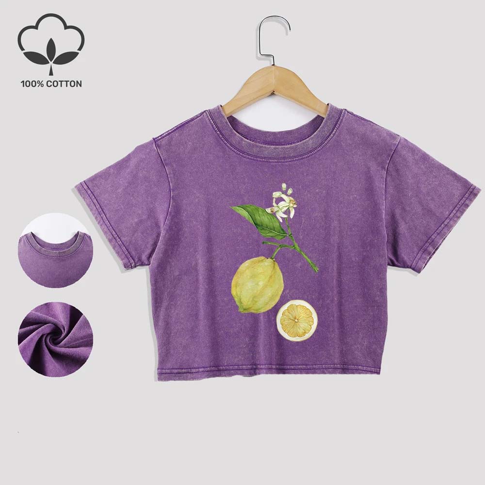 

Ретро Футболка из хлопка с принтом лимона, выстиранная, летние кроп-топы с кружевной отделкой по подолу, стандартной посадки, с круглым вырезом, с коротким рукавом, повседневная одежда XL