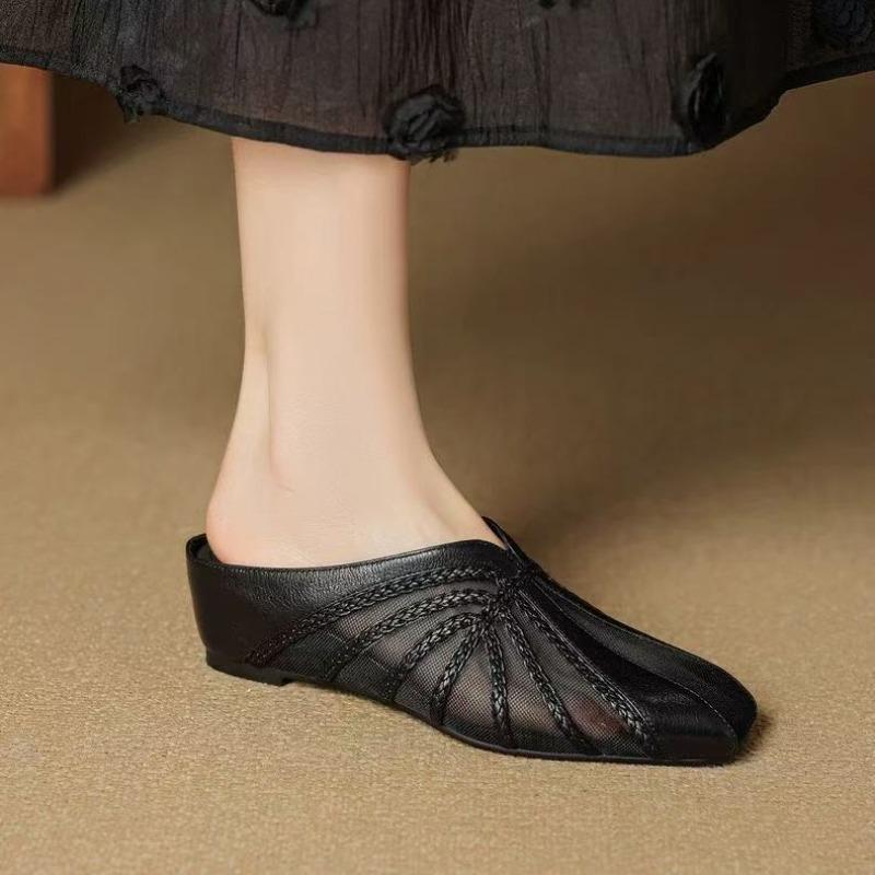 Inner Heightened Mesh Hollow Out Breathable Splicing Wrapped Head Semi-drag Summer New Square-toe Square-heel Slippers