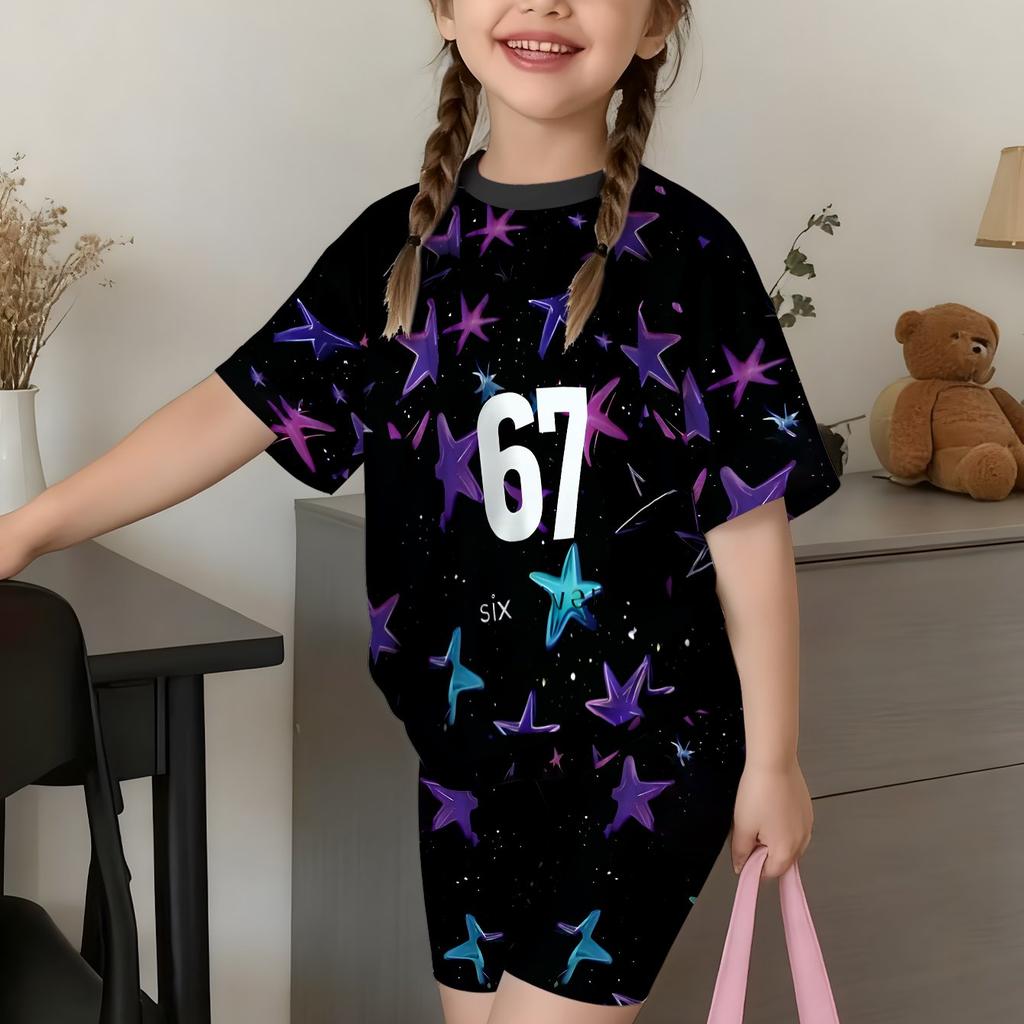 Girl Leisure Coordination Cute Kitten Heart Floral Print Short‑Sleeve Top and Elastic Biker Shorts Kid Sweet Summer Daily Garmen