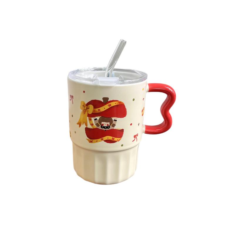 Apple Girl Mug with Lid with Straw Cup Cute High value Ceramic Water Cup Household Coffee Juice Cup