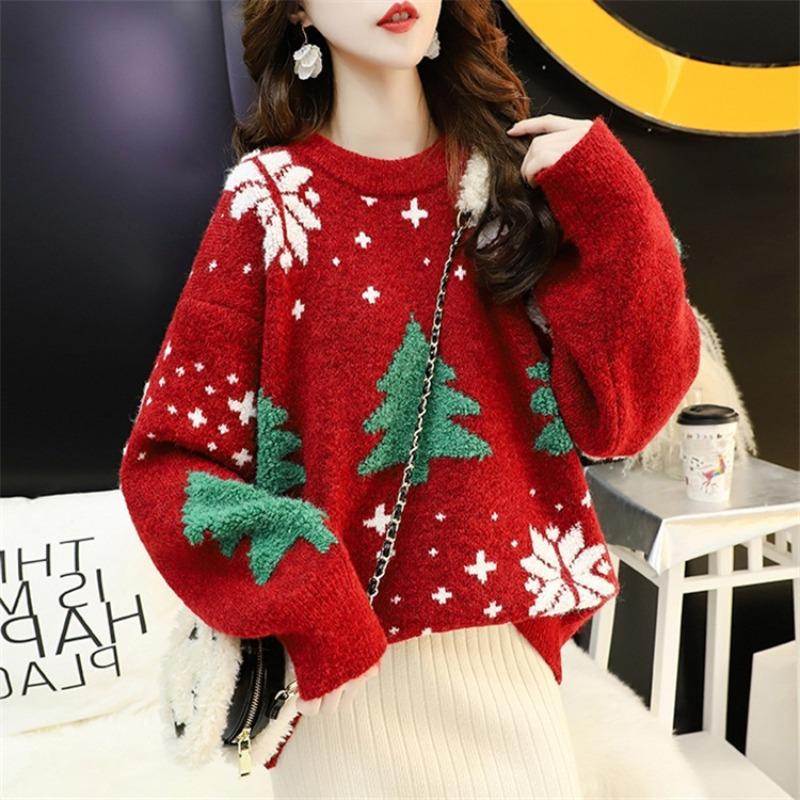 Loose outer wear lazy new sweater female autumn and winter student red versatile retro Christmas pullover knitted sweater top