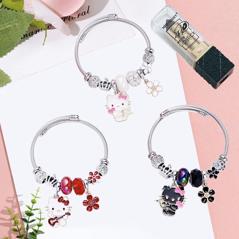 Delicate Five-Petal Flower Pendant Stainless Steel Beaded Bangle Bracelet For Women