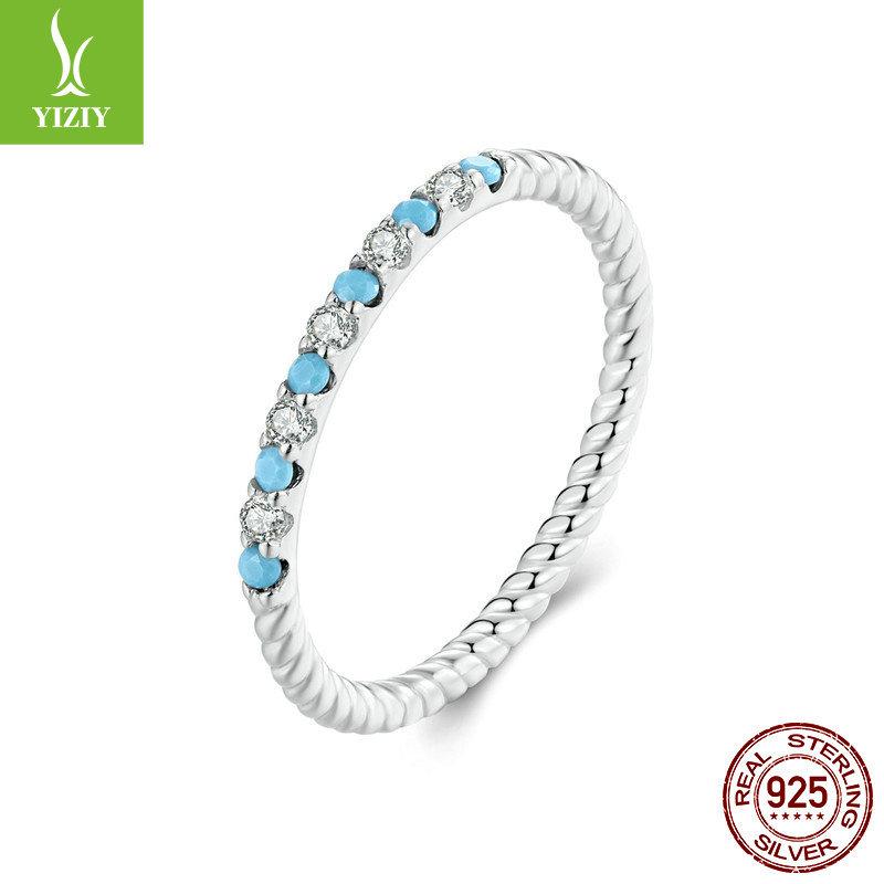 Simple Synthetic Turquoise Ring For Women, Exquisite Sparkling S925 Sterling Silver Twist Ring Jewelry