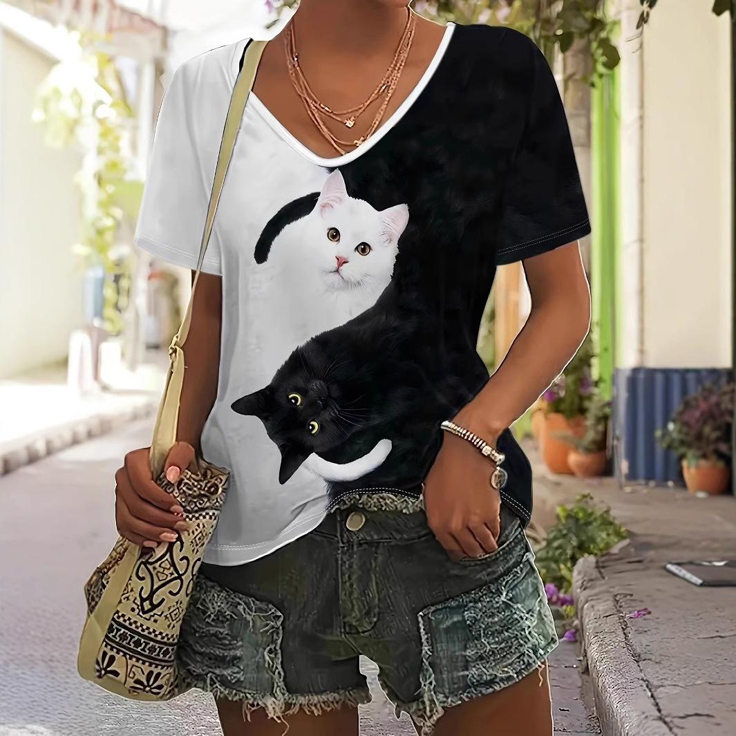 

Летний топ с V-образным вырезом и 3D-принтом в виде кошки, модные повседневные женские футболки с короткими рукавами L