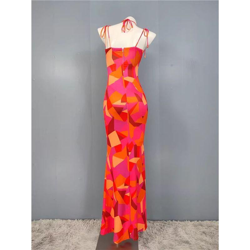 Export Pure Desire Exquisite Print Spaghetti Straps Slimming Adult Lady Like Woman Fishtail Stylish Fashion Sexy Banquet Tied Dress