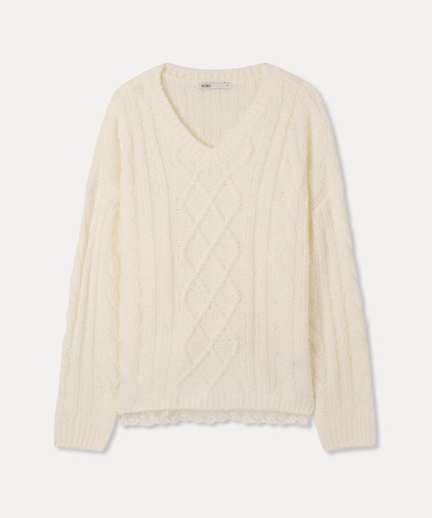MIXXO V-Neck Lace Cable Pullover Re Kag222T_Miwkag49Qt