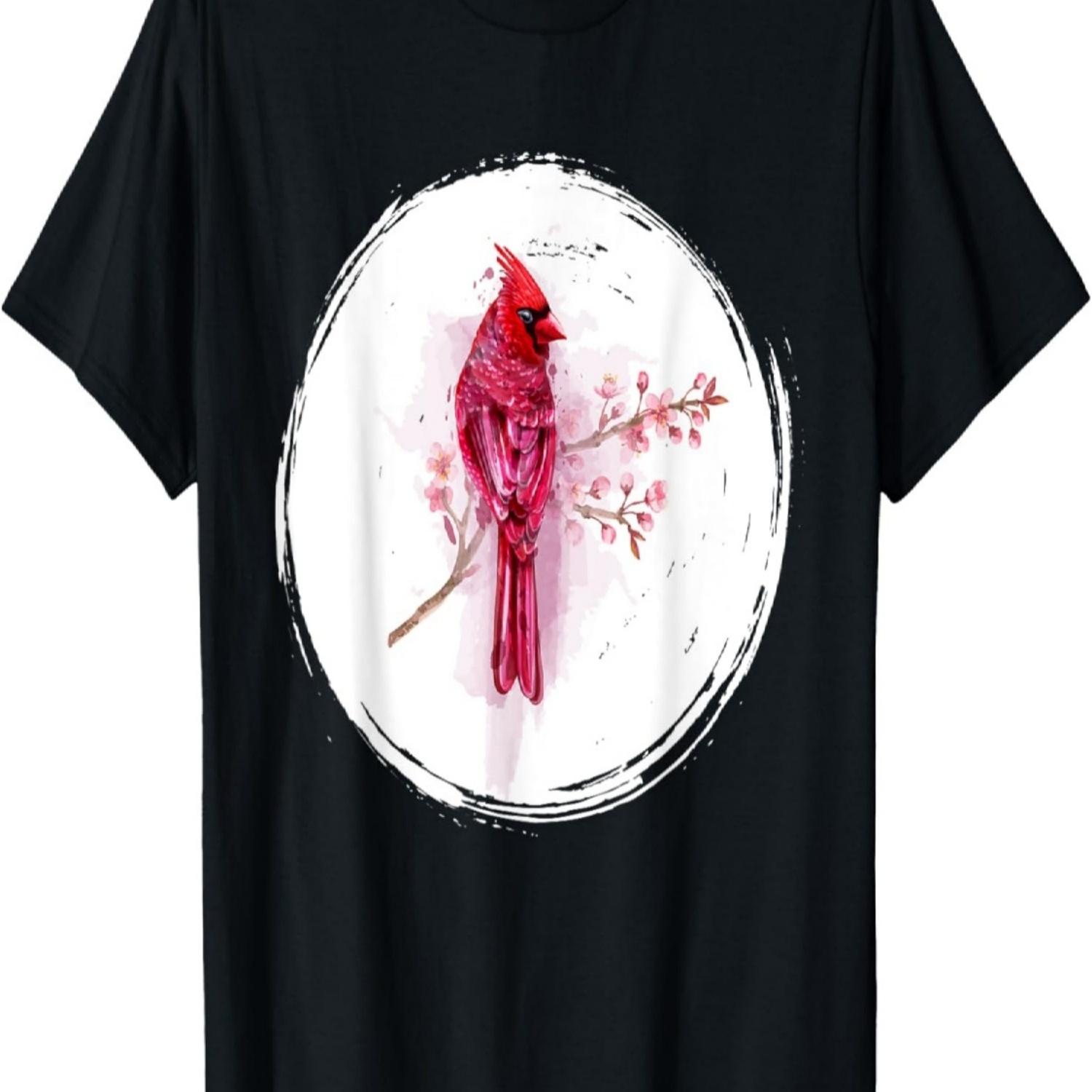 Vintage Cherry Blossom Bird Animal Sakura Red Cardinal T-Shirt S