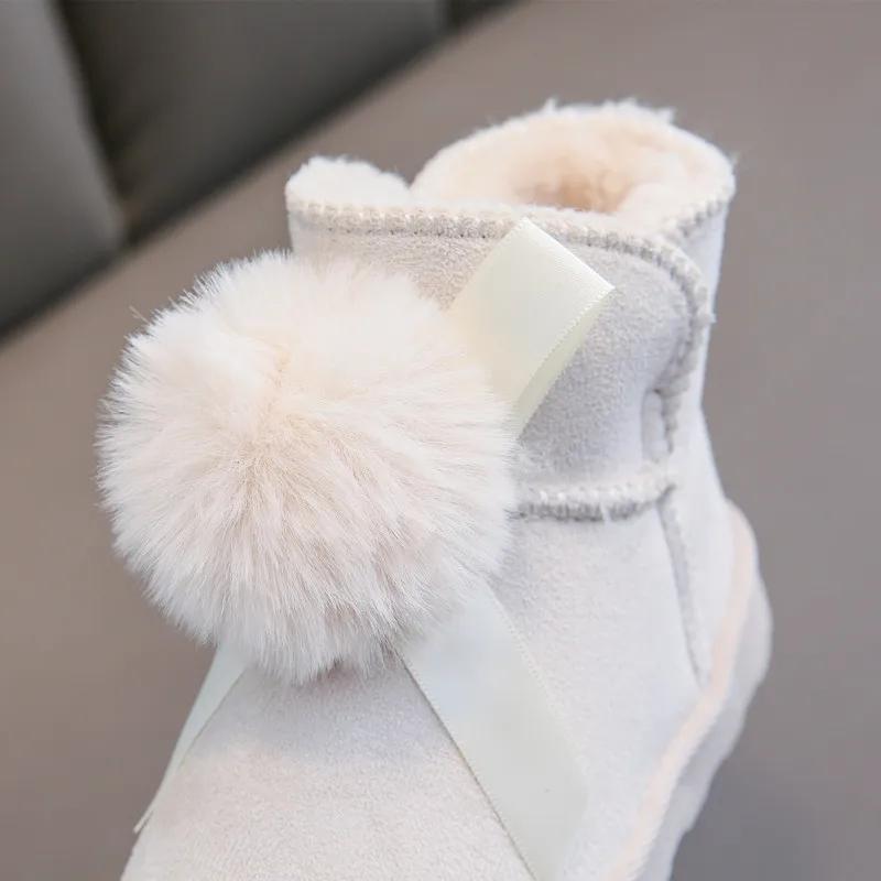 Cute Princess Shoes Girls with Hairball Kids Girl Fur Shoes Warm Baby Girl Boots Ribbons Pompom Winter Short Boots Pupils G06283