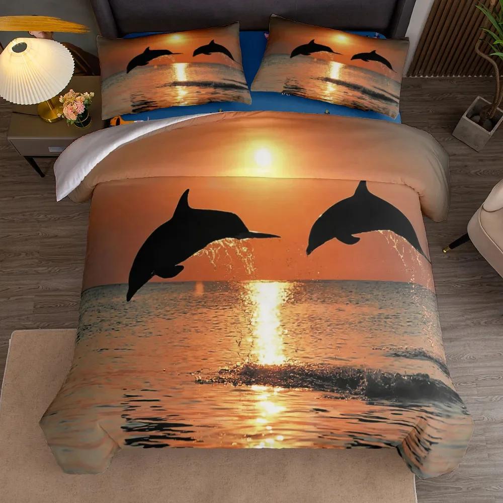 Sunset Play Dolphins 3D Bedding Set Without Sheet Single Twin Double Queen King Cal King Size Bed Linen Set