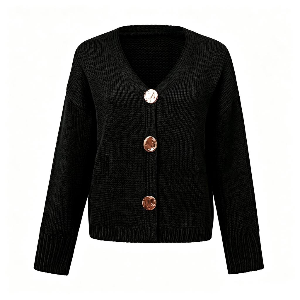 Women's Color Oversized Round Neck Long Sleeve Knit Cardigan with Large Buttons