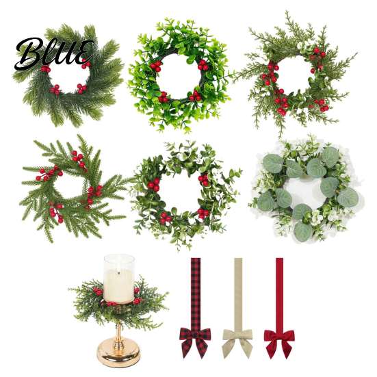 French Country Style Home Accent Christmas Bow Wreath Door Hanger Artificial Pine Candlestick Garland with Ribbon Multiuse Decorative Ring